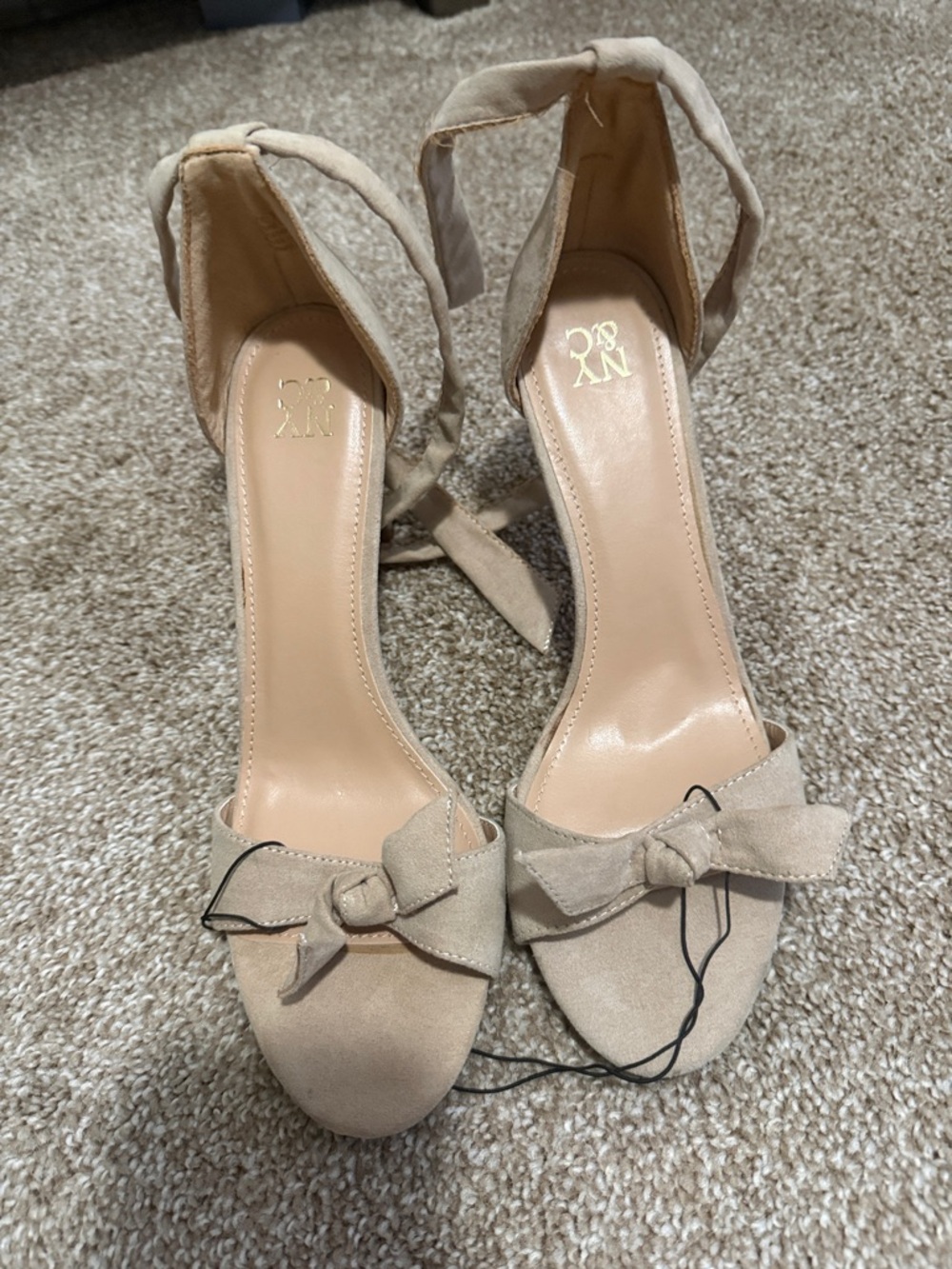New York & Company Beige Suede Bow Ankle-Tie Heels